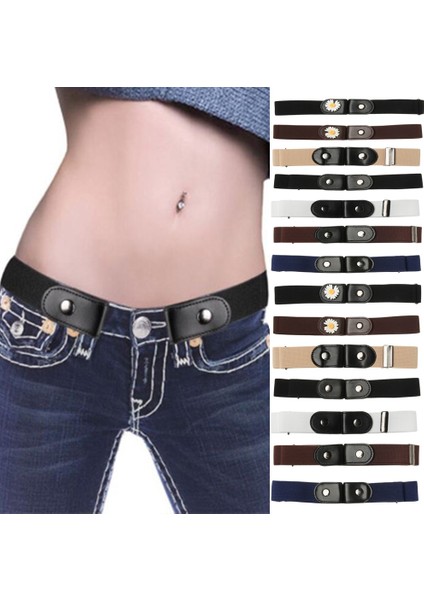Pu Deri Tokasız Bel Kemeri Elbise Kot Pantolon Papatya Ayarlanabilir Hiçbir Toka Esnek Kemer Erkek Kadın Elastik Bel Kemeri (Yurt Dışından)