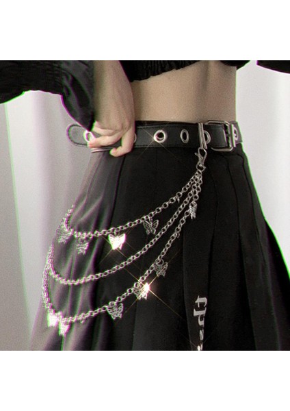 Punk Sokak Kelebek Kemer Bel Zinciri Erkek Kadın Pantolon Zinciri Çok Katmanlı Hiphop Kanca Pantolon Anahtarlık Takı (Yurt Dışından)