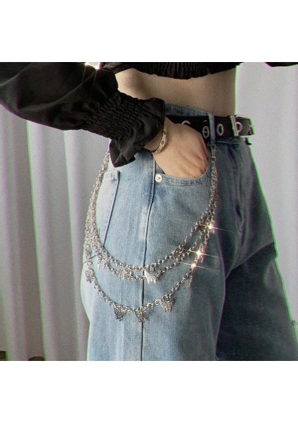 Punk Sokak Kelebek Kemer Bel Zinciri Erkek Kadın Pantolon Zinciri Çok Katmanlı Hiphop Kanca Pantolon Anahtarlık Takı (Yurt Dışından) fırsatları