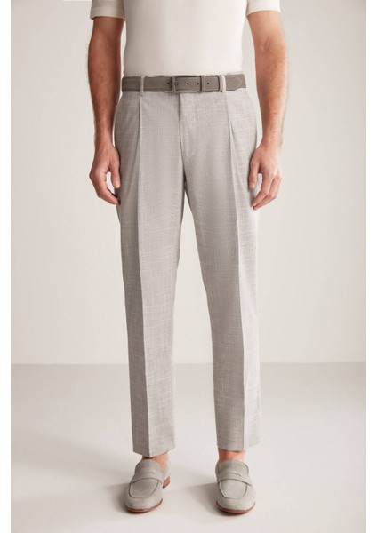 Keten Yün Karışım Açık Gri Klasik Dokuma Pantolon fırsatları