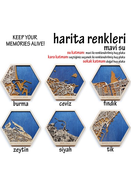 Istediğiniz Yerin Altıgen Ahşap Şehir Haritası, Magnet / Duvar Süsü Kombin (Mavi)