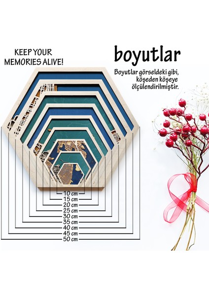 Istediğiniz Yerin Altıgen Ahşap Şehir Haritası, Magnet / Duvar Süsü Kombin (Mavi)
