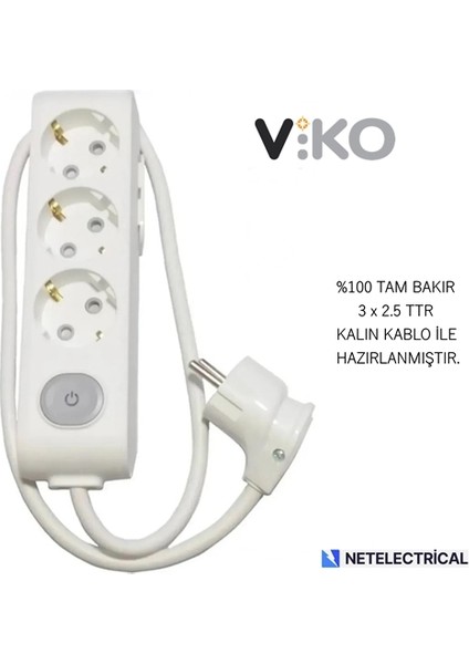 Multi-Let 3'lü 5 Metre Anahtarlı Topraklı Çocuk Korumalı Grup Priz (3x2.5 Ttr Tam Bakır Kalın Kablolu)