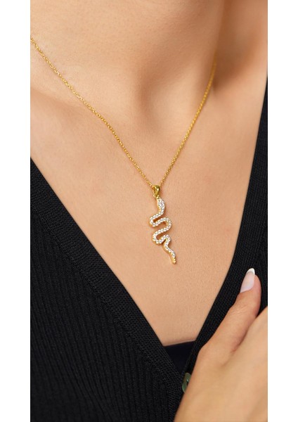 Zirkon Taşlı Gold Yılan Gümüş Kolye fırsatları