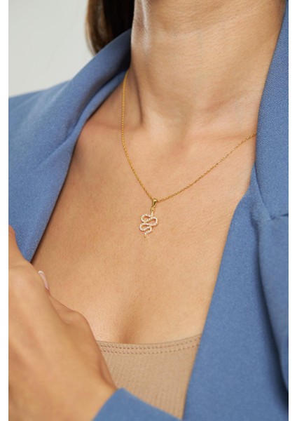 Zirkon Taşlı Gold Minimal Yılan Gümüş Kolye