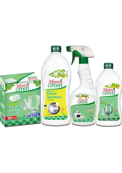 Mom's Green 4'lü Set Ekolojik Bulaşık Tableti , Parlatıcı, Mutfak Temizleyici Sprey, Elde Bulaşık Deterjanı Limon