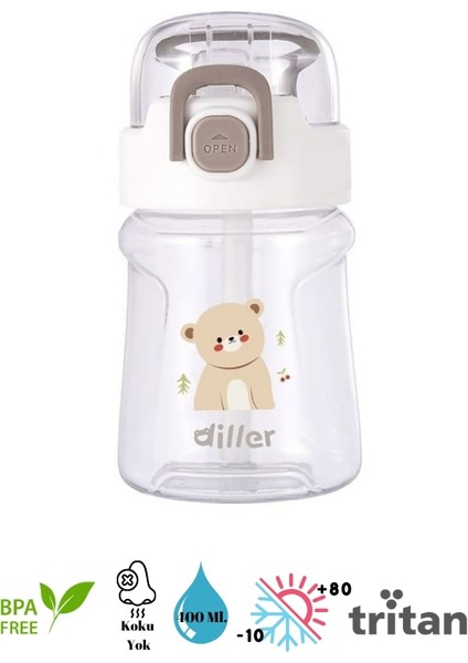 Dıller - Tritan Silikon Pipetli - Karikatürlü Matara - 400 ml