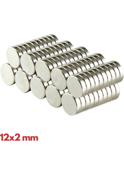 N35 12X2 mm Neodyum Mıknatıs 50 Adet, Yuvarlak, Nikel Kaplamalı Kaliteli ve Dayanıklı Ürün