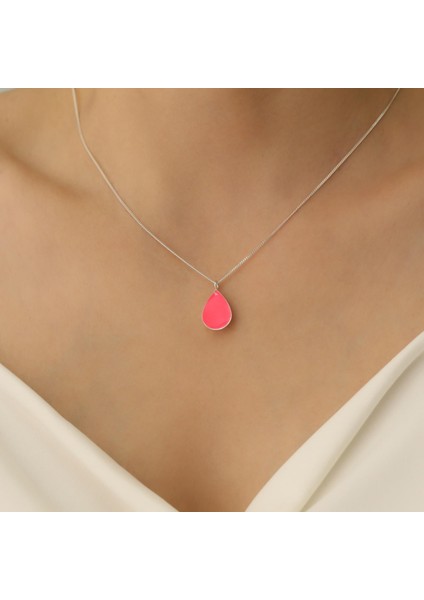 925 Ayar Gümüş Pembe Mineli Minimal Damla Kolye