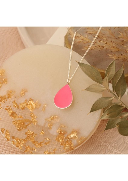 925 Ayar Gümüş Pembe Mineli Minimal Damla Kolye fırsatları