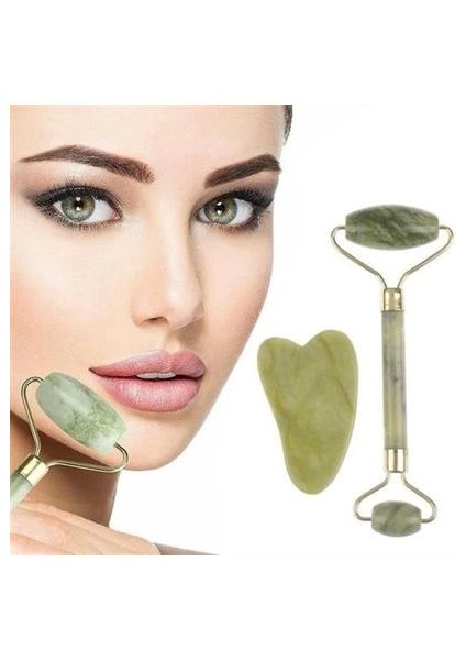 Çift Taraflı 2li Cilt Yüz Masaj Aleti Jade Roller Yeşim Taşı Seti