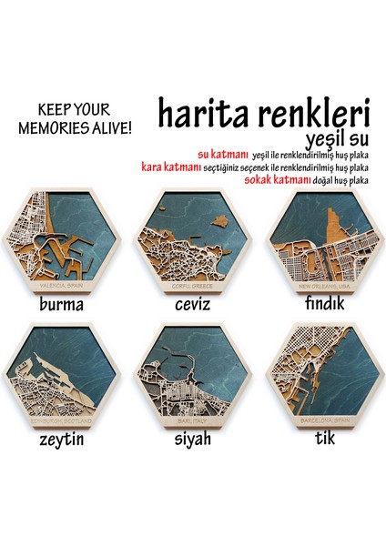 Istediğiniz Yerin Altıgen Ahşap Şehir Haritası, Magnet / Duvar Süsü Kombin (Yeşil) indirimleri