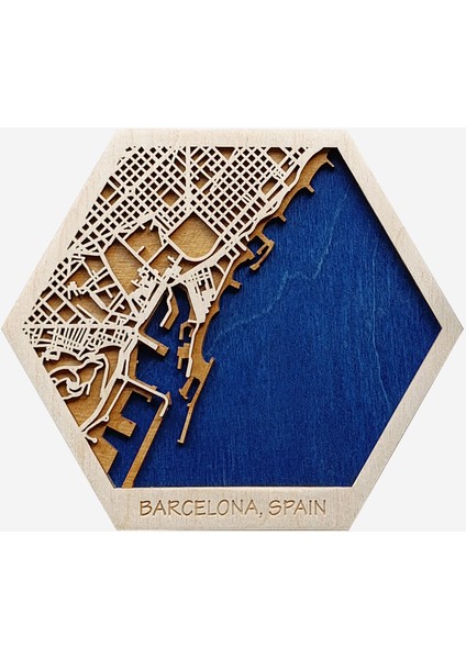 Istediğiniz Yerin Altıgen Ahşap Şehir Haritası, Magnet / Duvar Süsü Kombin (Mavi)