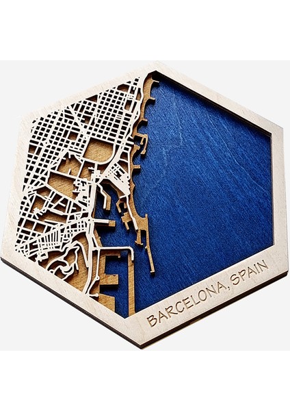 Istediğiniz Yerin Altıgen Ahşap Şehir Haritası, Magnet / Duvar Süsü Kombin (Mavi) fiyatları