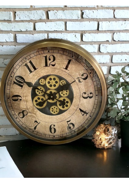 Metal Eskitme Çarklı Otel Ofis Salon Duvar Saati Çap 60 cm