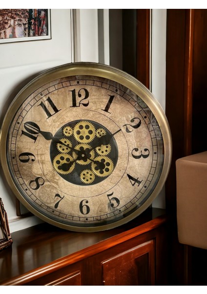 Metal Eskitme Çarklı Otel Ofis Salon Duvar Saati Çap 60 cm fırsatları