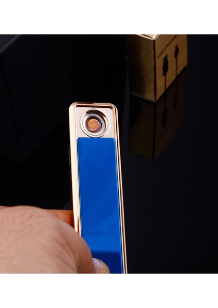 Şık Görünümlü USB Şarjlı Rezistanslı Ince Slim Metal Çakmak (Mavi)
