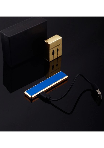 Şık Görünümlü USB Şarjlı Rezistanslı Ince Slim Metal Çakmak (Mavi)