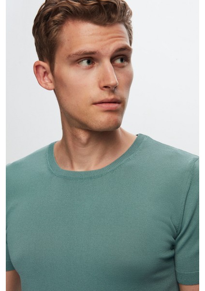 Slim Fit Mint Düz Örgü Rayon Örme T-Shirt 0EF069421003M fiyatları