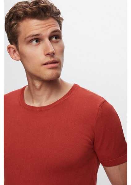 Slim Fit Kiremit Düz Örgü Rayon Örme T-Shirt 0EF069421003M