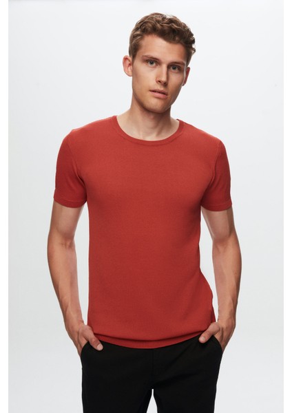 Slim Fit Kiremit Düz Örgü Rayon Örme T-Shirt 0EF069421003M