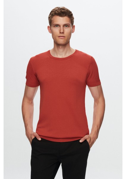 Slim Fit Kiremit Düz Örgü Rayon Örme T-Shirt 0EF069421003M