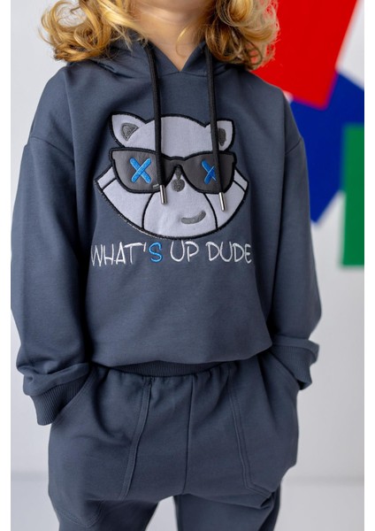 Erkek Çocuk Kedi Nakışlı Kapüşonlu Sweatshirt