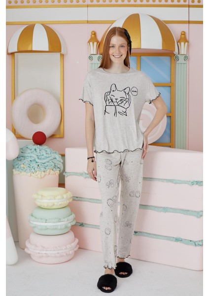 Kadın Kısa Kol Bej Melanj Pijama Takım C7T2N751
