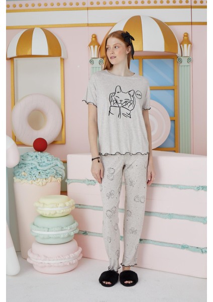 Kadın Kısa Kol Bej Melanj Pijama Takım C7T2N751