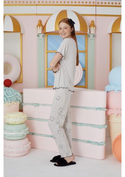 Kadın Kısa Kol Bej Melanj Pijama Takım C7T2N751