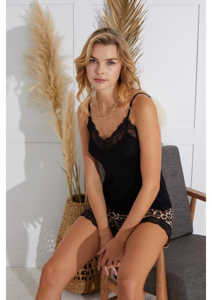 Kadın İnce Askı Siyah Şort Takım C3T5N841