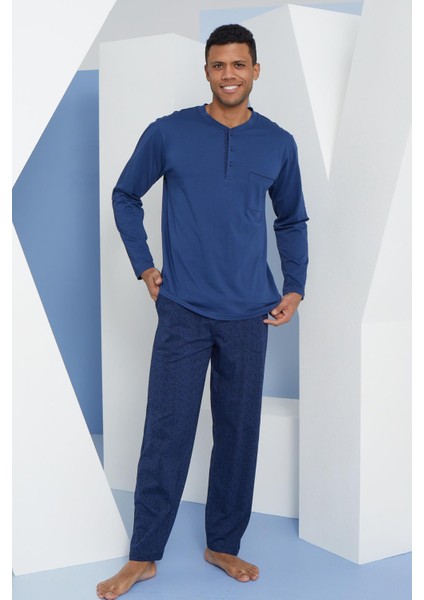 Erkek Uzun Kol Midi Yaka Indigo Pijama Takımı C9T2N5O3