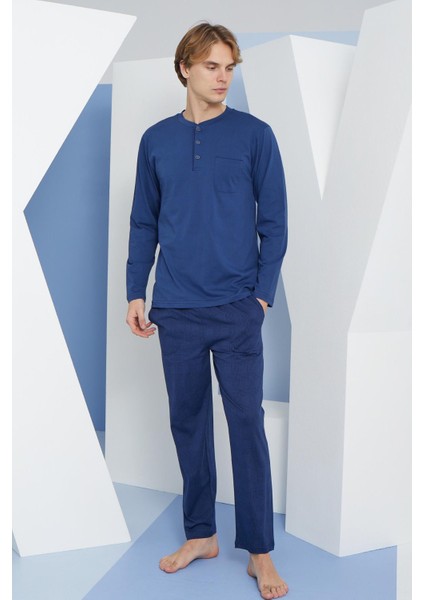 Erkek Uzun Kol Midi Yaka Indigo Pijama Takımı C9T2N5O8
