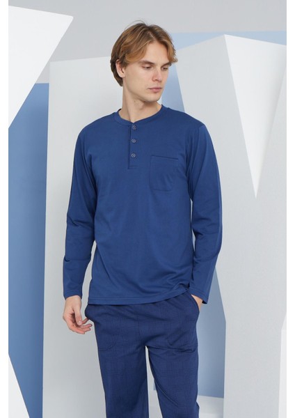 Erkek Uzun Kol Midi Yaka Indigo Pijama Takımı C9T2N5O8