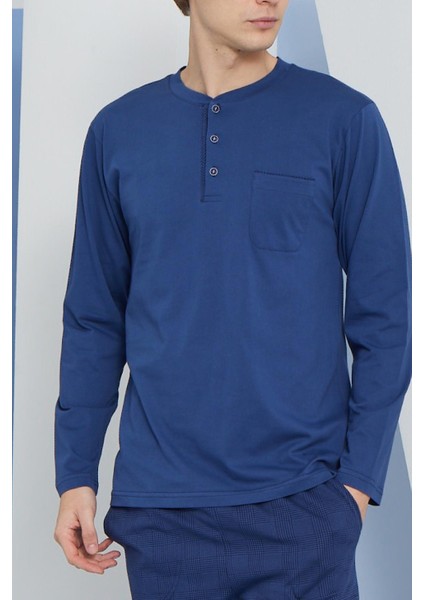 Erkek Uzun Kol Midi Yaka Indigo Pijama Takımı C9T2N5O8