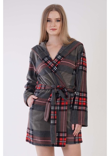 Kadın Polar Kapüşonlu Kısa Antrasit Sabahlık C3T1N0O091