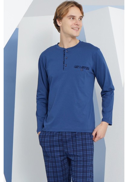 Erkek Uzun Kol Midi Yaka Indigo Pijama Takımı C9T2N2O3