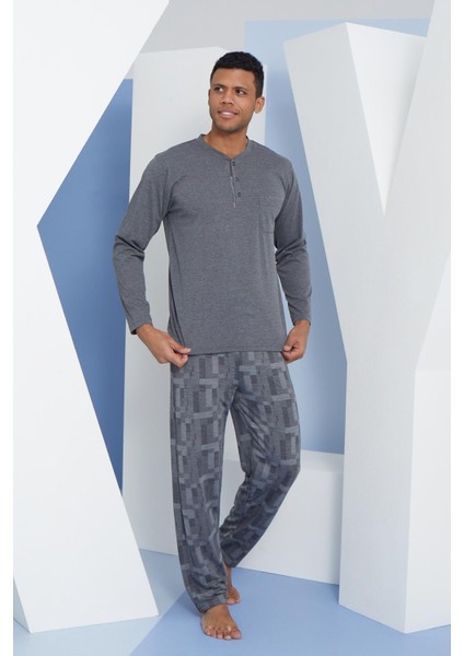 Erkek Uzun Kol Midi Yaka Antrasit Pijama Takımı C9T2N5O6