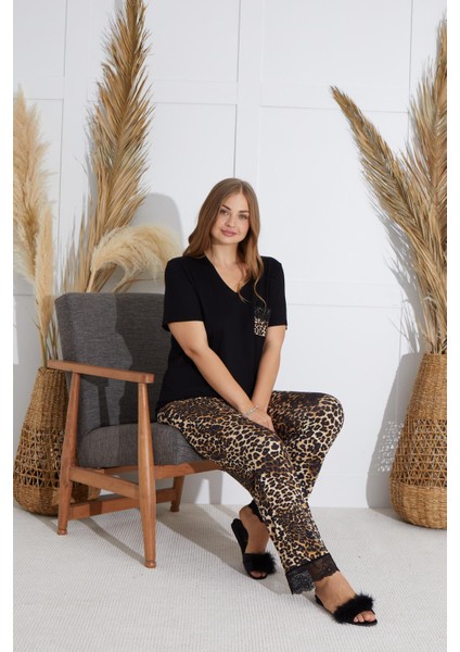 Kadın Büyük Beden Kısa Kol Siyah Pijama Takım C6T5N841