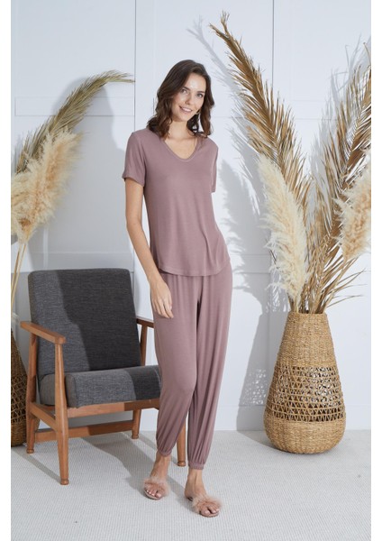 Kadın Kısa Kol Vizon Pijama Takım C0T1N951