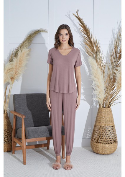 Kadın Kısa Kol Vizon Pijama Takım C0T1N951