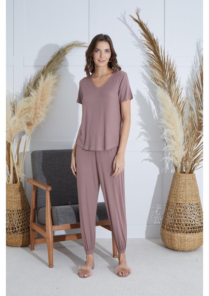Kadın Kısa Kol Vizon Pijama Takım C0T1N951