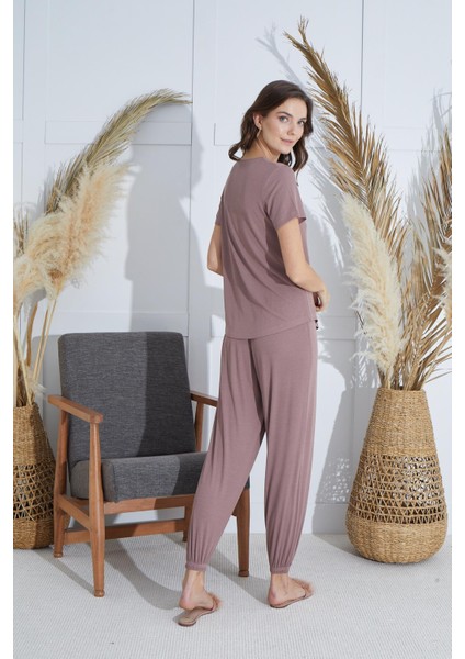 Kadın Kısa Kol Vizon Pijama Takım C0T1N951