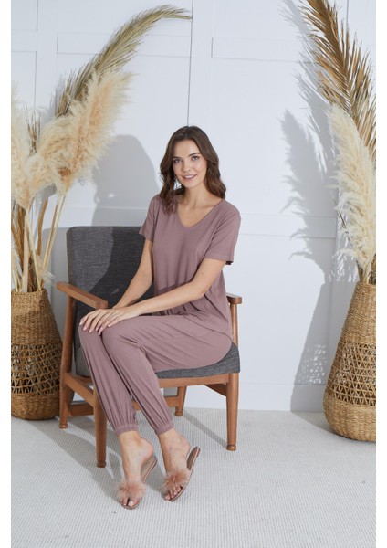 Kadın Kısa Kol Vizon Pijama Takım C0T1N951