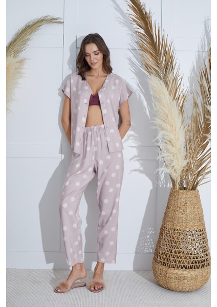 Kadın Kısa Kol Önden Düğmeli Pudra Pijama Takım C1T2N951