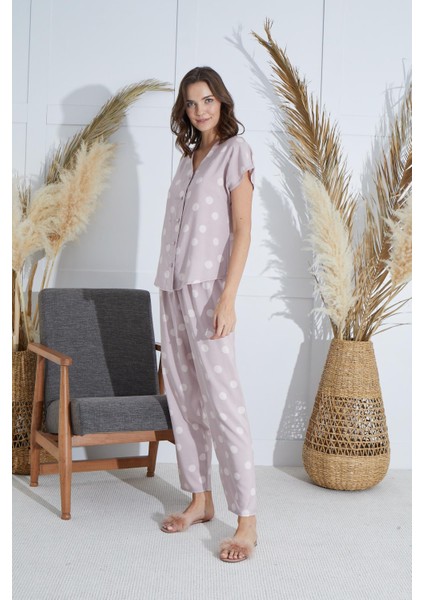 Kadın Kısa Kol Önden Düğmeli Pudra Pijama Takım C1T2N951 fırsatları