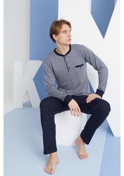 Erkek Uzun Kol Düğmeli Yaka Mevsimlik %100 Pamuk Lacivert Pijama Takımı C9T2N6O1