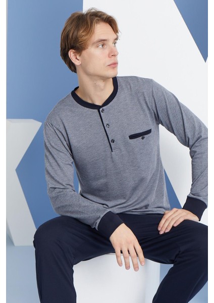 Erkek Uzun Kol Düğmeli Yaka Mevsimlik %100 Pamuk Lacivert Pijama Takımı C9T2N6O1 fiyatları