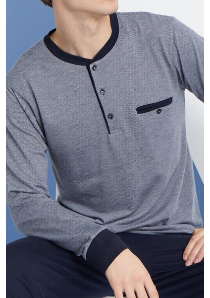Erkek Uzun Kol Düğmeli Yaka Mevsimlik %100 Pamuk Lacivert Pijama Takımı C9T2N6O1 modelleri