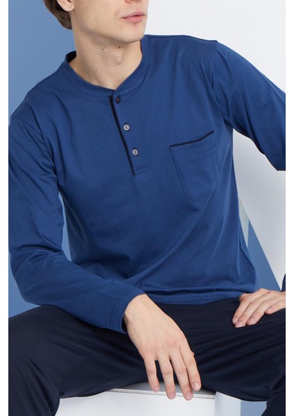 Erkek Uzun Kol Midi Yaka Indigo Pijama Takımı C9T2N5O0